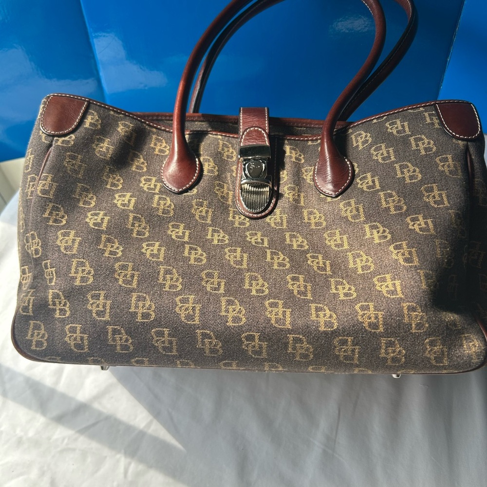 Dooney & Bourke Brown Monogram Canvas Duffel with Dark Tan Trim